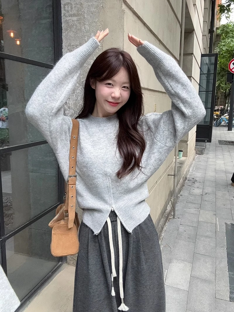 韩系圆领毛衣女2025秋季新款设计感下摆半拉链收腰针织衫上衣