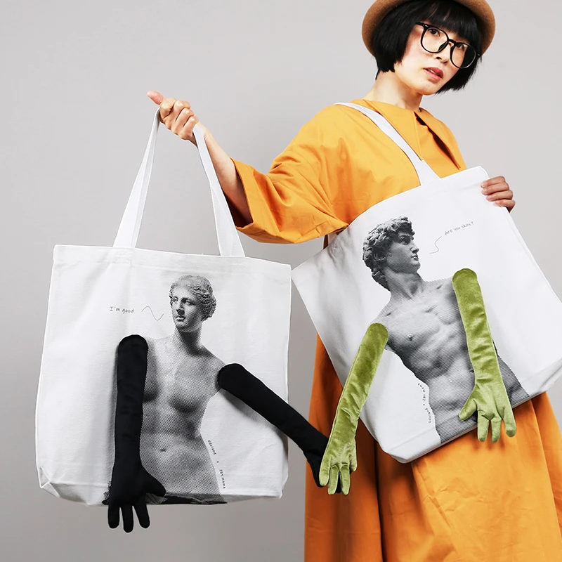 织布云帆布包慵懒创意牵手单肩包印花双根情侣运动百搭包包大容量