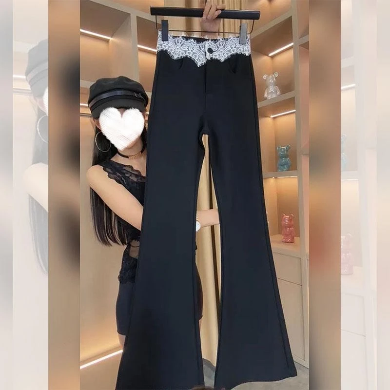 黑白蕾丝拼接微喇裤女2025春夏新款显瘦百搭喇叭裤西装拖地长裤子