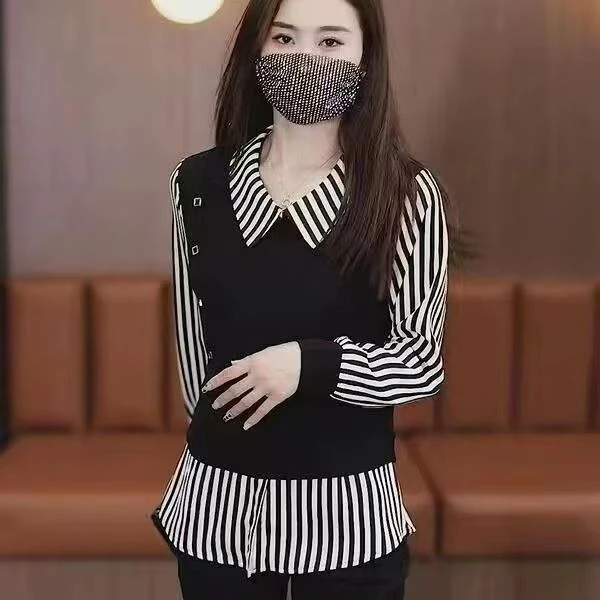 假两件套头薄款打底新款高档条纹百搭修身上衣长袖