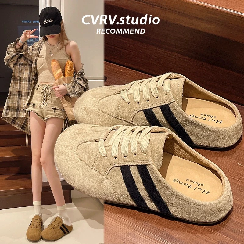 三福真皮厚底包头半拖鞋女外穿2025春季新款勃肯鞋凉半托德训鞋