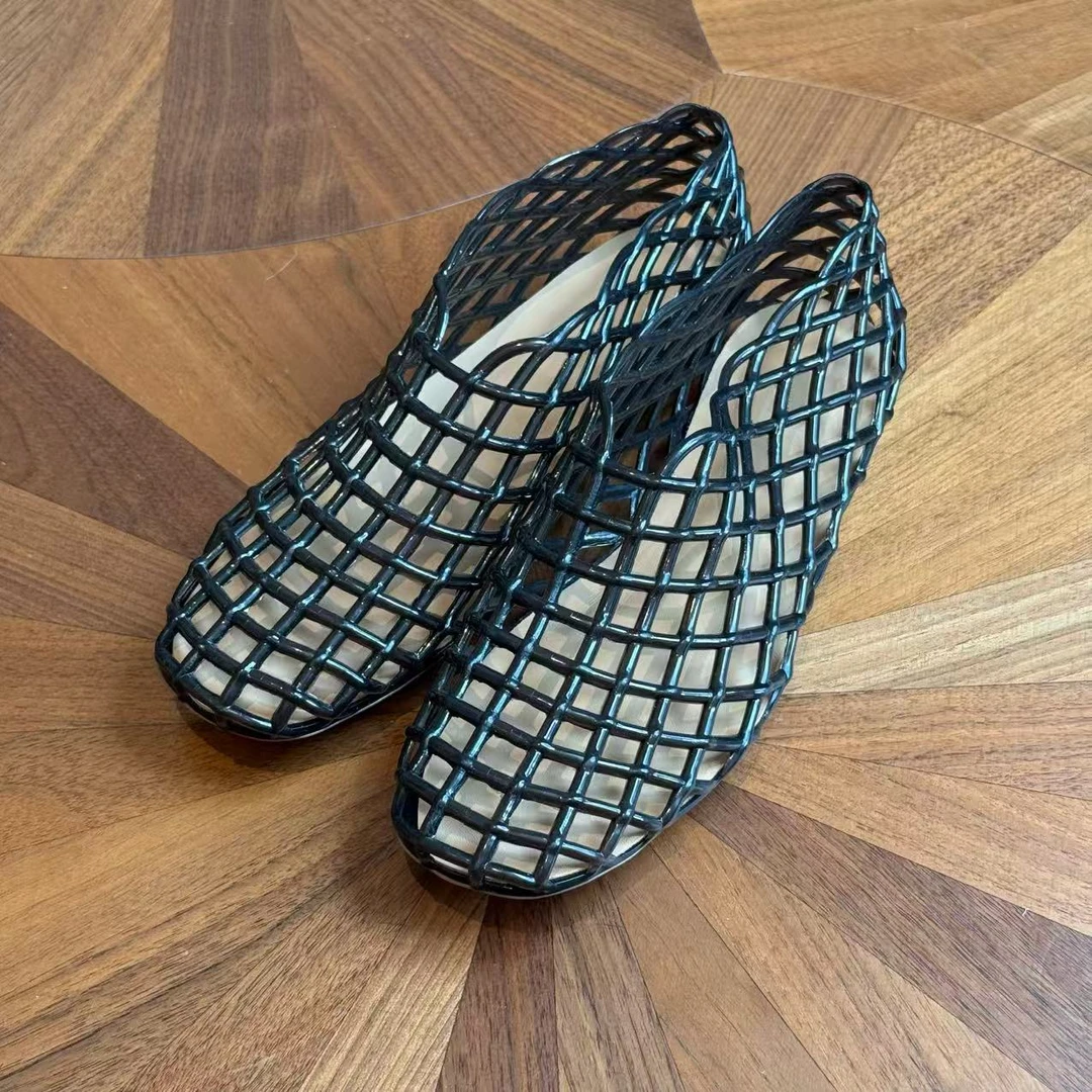 MYL 2025春夏新品黑色镂空网面单鞋圆头平底高帮时尚女鞋