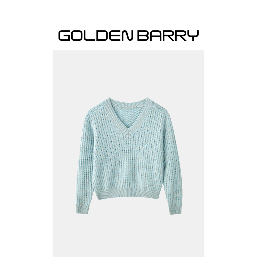 GOLDENBARRY【6.18】时尚V领微镂空羊绒毛衣243101
