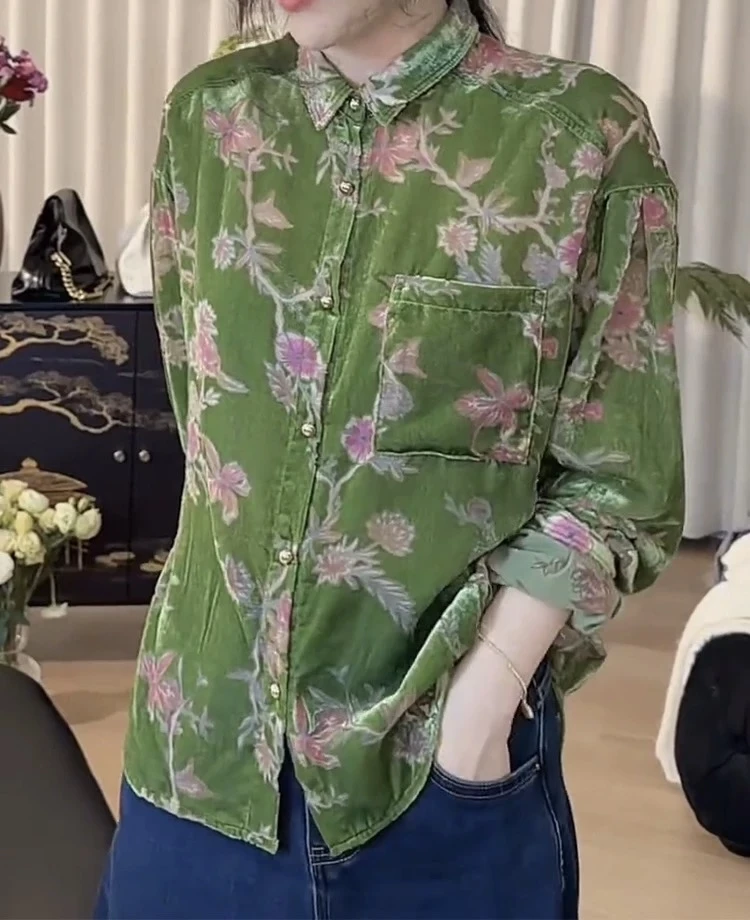 【悦悦专属】高级单排扣撞色外穿花朵丝绒衬衫S106