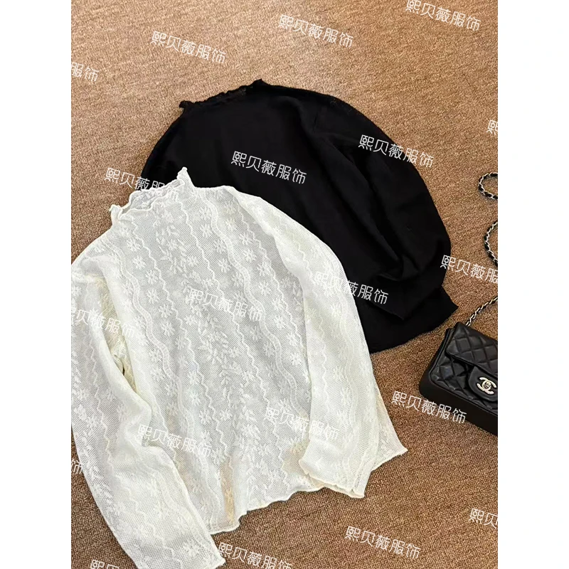 熙贝薇9 欧货绵羊毛打底新款花朵蕾丝提花木耳边上衣 G5383