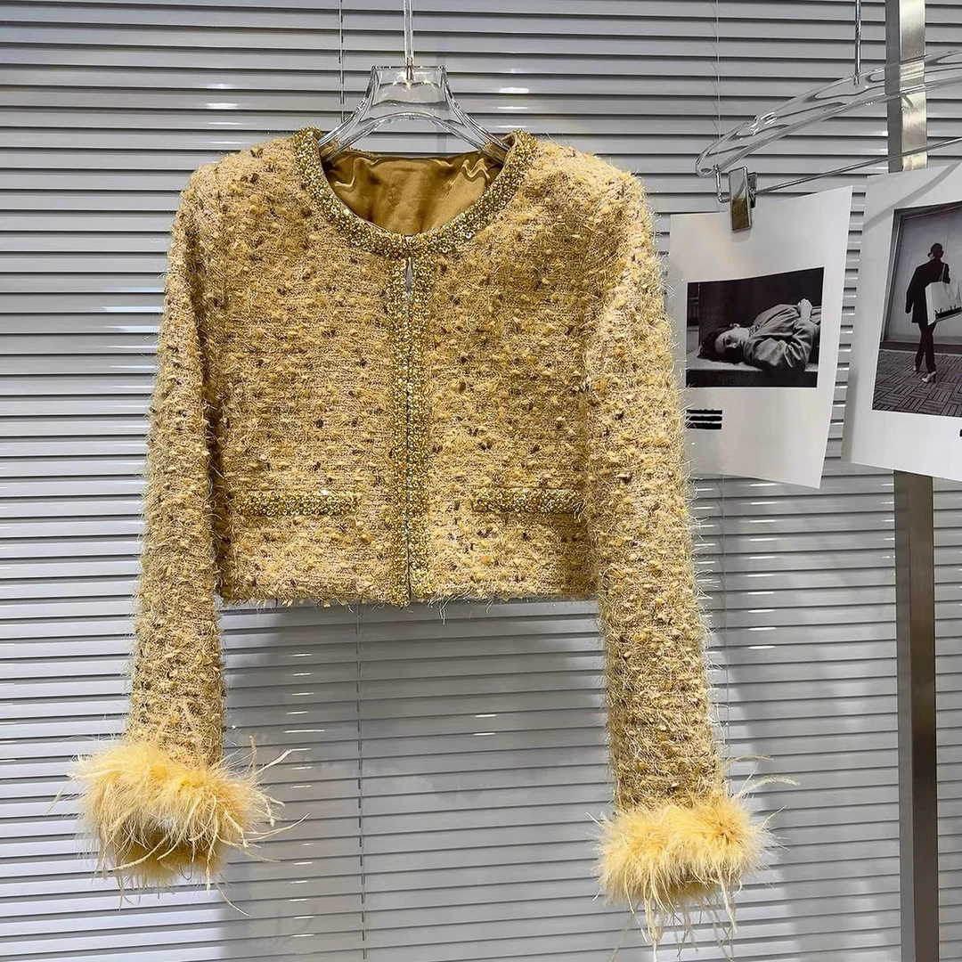 2025冬季新款小香风高级感重工仿鸵鸟毛重工名媛亮片保暖短外套女