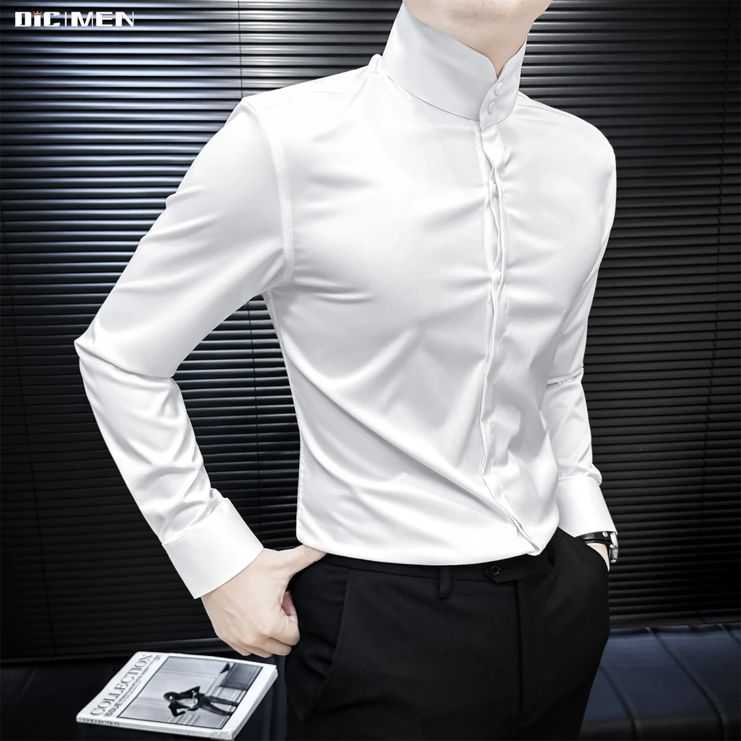 中式立领纯色衬衫男款长袖秋季男装商务修身时尚白色男士休闲衬衣