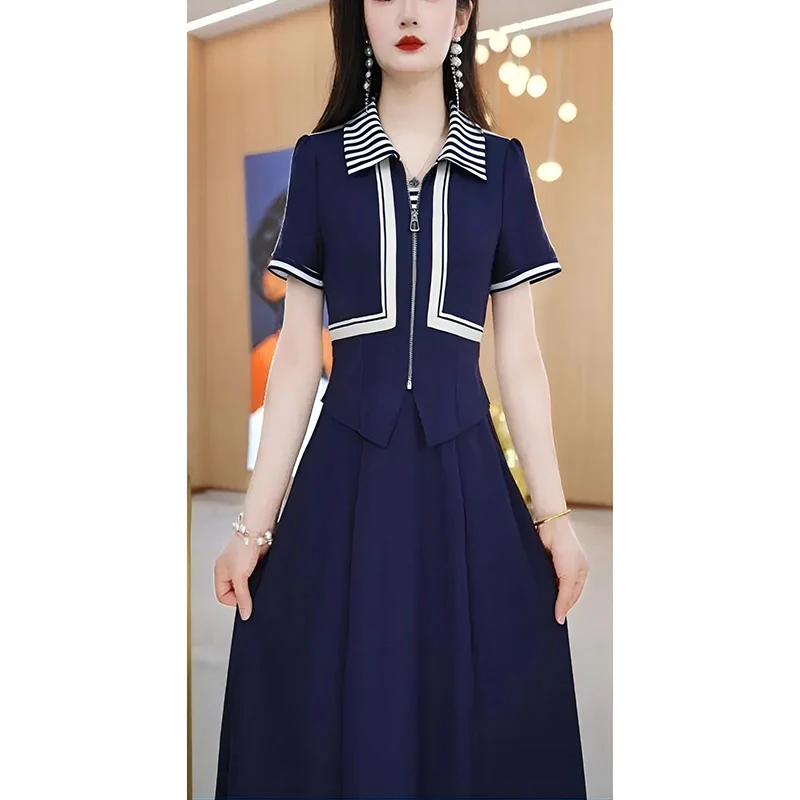 【潘潘】【连衣裙】夏季设计感半开领纯色洋气优雅休闲连衣裙D1508