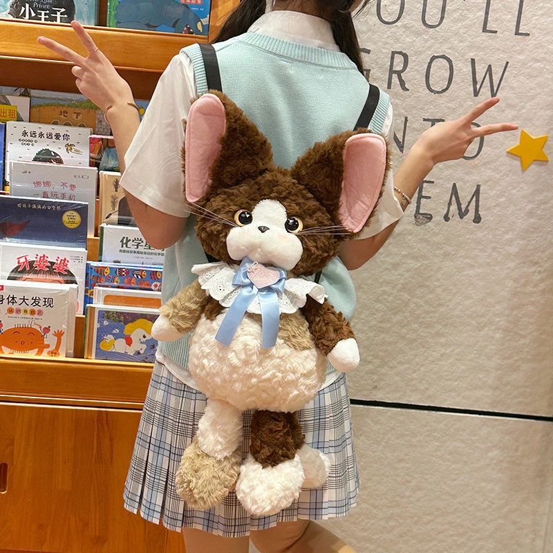 日本德文卷毛猫玩偶跑跑猫咪可爱毛绒双肩包时尚包揹包送女生生日