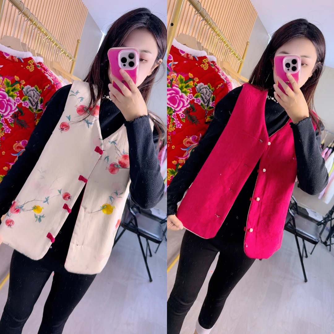 新中式国风双面穿印花盘扣马甲加棉加厚保暖复古坎肩秋冬女