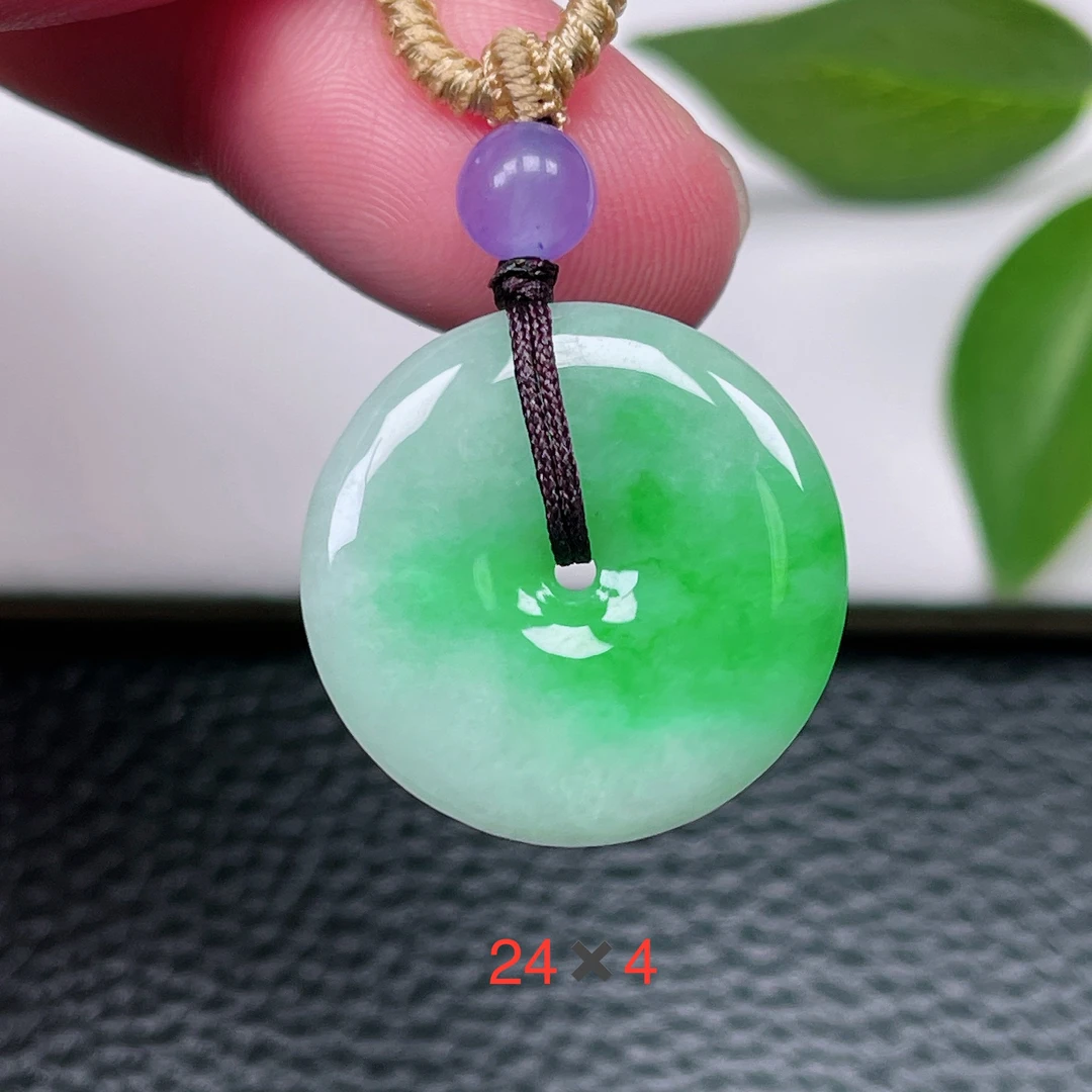 天然缅甸翡翠A货～冰糯种飘阳绿辣色平安扣吊坠细腻意境玉扣挂件X