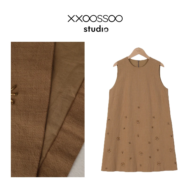 xxoossoo 苎麻棉优雅气质夏季裙无袖连衣裙气质纯色钉珠绣花