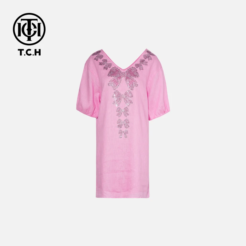 TCH私服烫钻工艺时尚休闲百搭蝴蝶结连衣裙女T75B30E5059轻奢tch