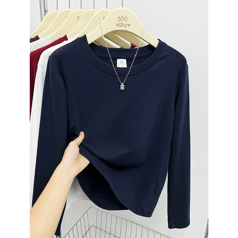 品质纯色百搭圆领大码女装长袖t恤衫女正肩修身上衣弹力打底衫ins