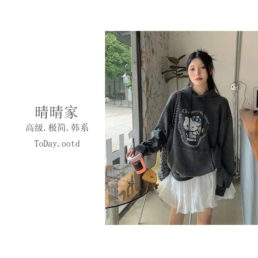 晴晴家-【卡爱Kitty猫】韩系复古水洗做旧连帽宽松卫衣3405