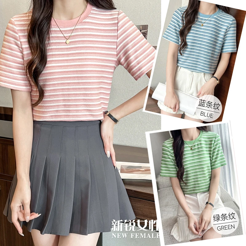 福利 拼手速！百搭夏季凉感宽松韩版设计感条纹圆领打底衫t恤短袖