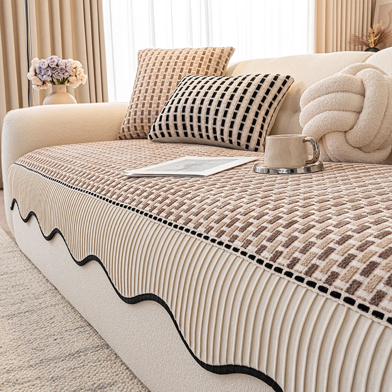 LangSha/浪莎简约轻奢风格子沙发垫四季通用防滑坐垫异形时光织轴