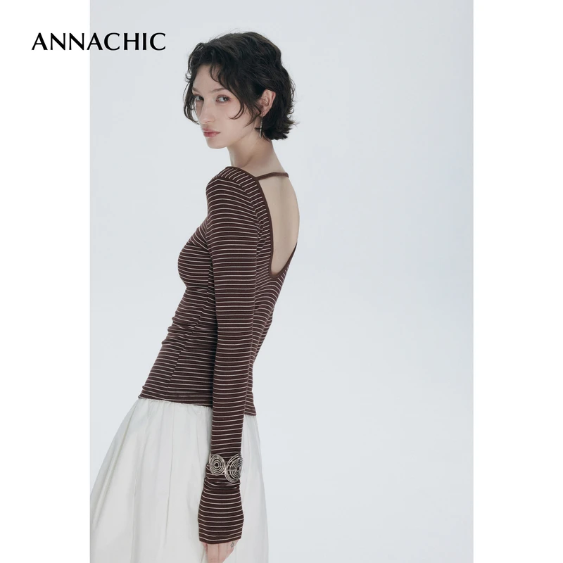 ANNACHIC绝美露背_复古条纹拼接长袖T恤女/修身显瘦打底辣妹上衣
