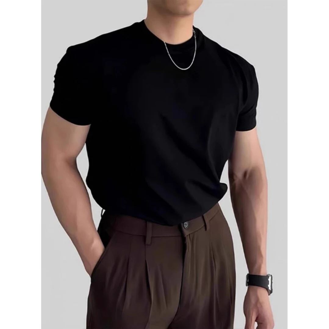 夏季修身短袖男生圆领上衣服美式高街痞帅健身休闲T恤显肌肉打底