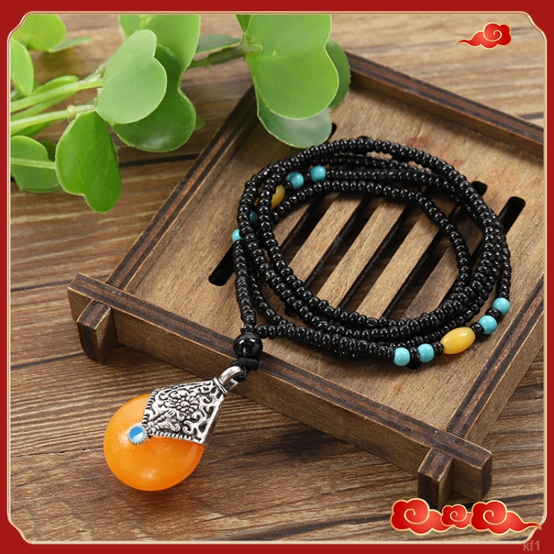 树脂项链 仿民族风水滴毛衣链小礼品蜡吊坠串珠项链非金属