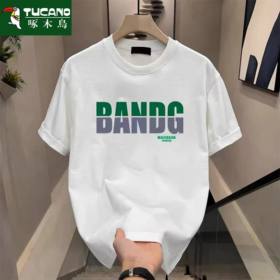 啄木鸟重磅纯棉短袖t恤男士夏季韩版宽松潮流休闲时尚印花圆领T恤