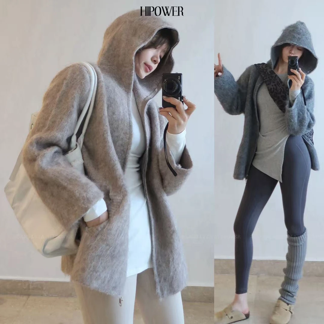 拉毛毛衣连帽开衫外套秋冬保暖双拉链宽松长袖上衣女保暖显瘦