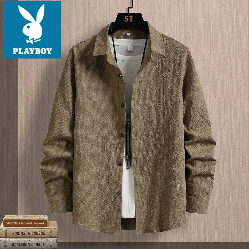 花花公子男士泡泡纱纯色简约港风休闲时尚百搭休闲翻领长袖衬衫