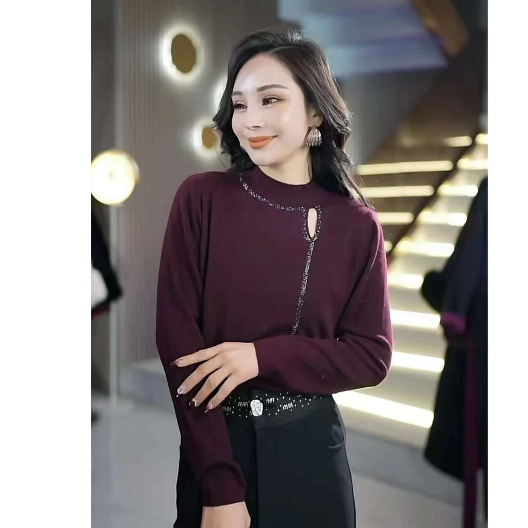 时尚气质百搭镂空烫钻细羊毛中领半高领女士打底毛衫毛衣3m992201