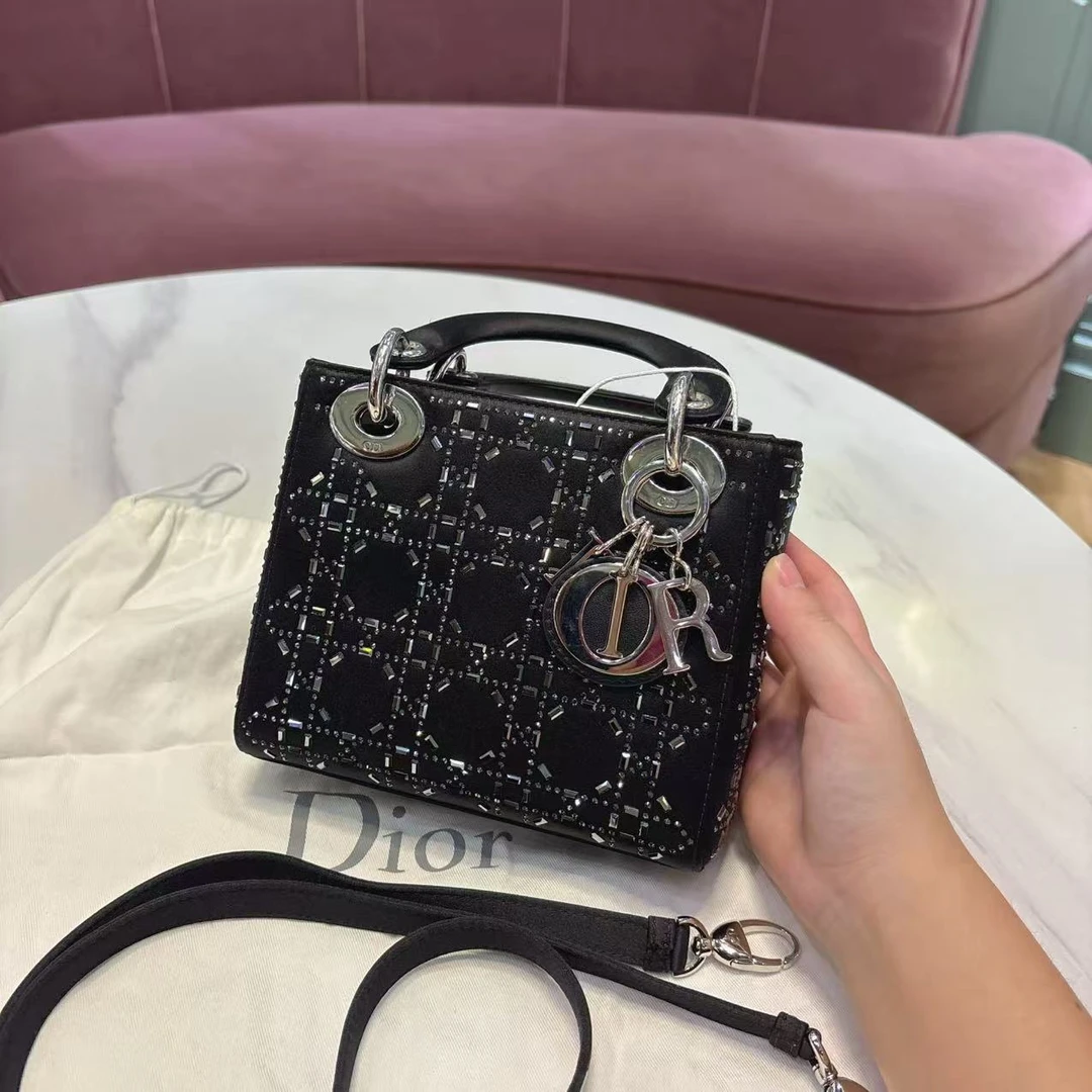 99新 DIOR/迪奥 迪奥/DIOR 戴妃三格缎面水钻银扣 手提单肩包
