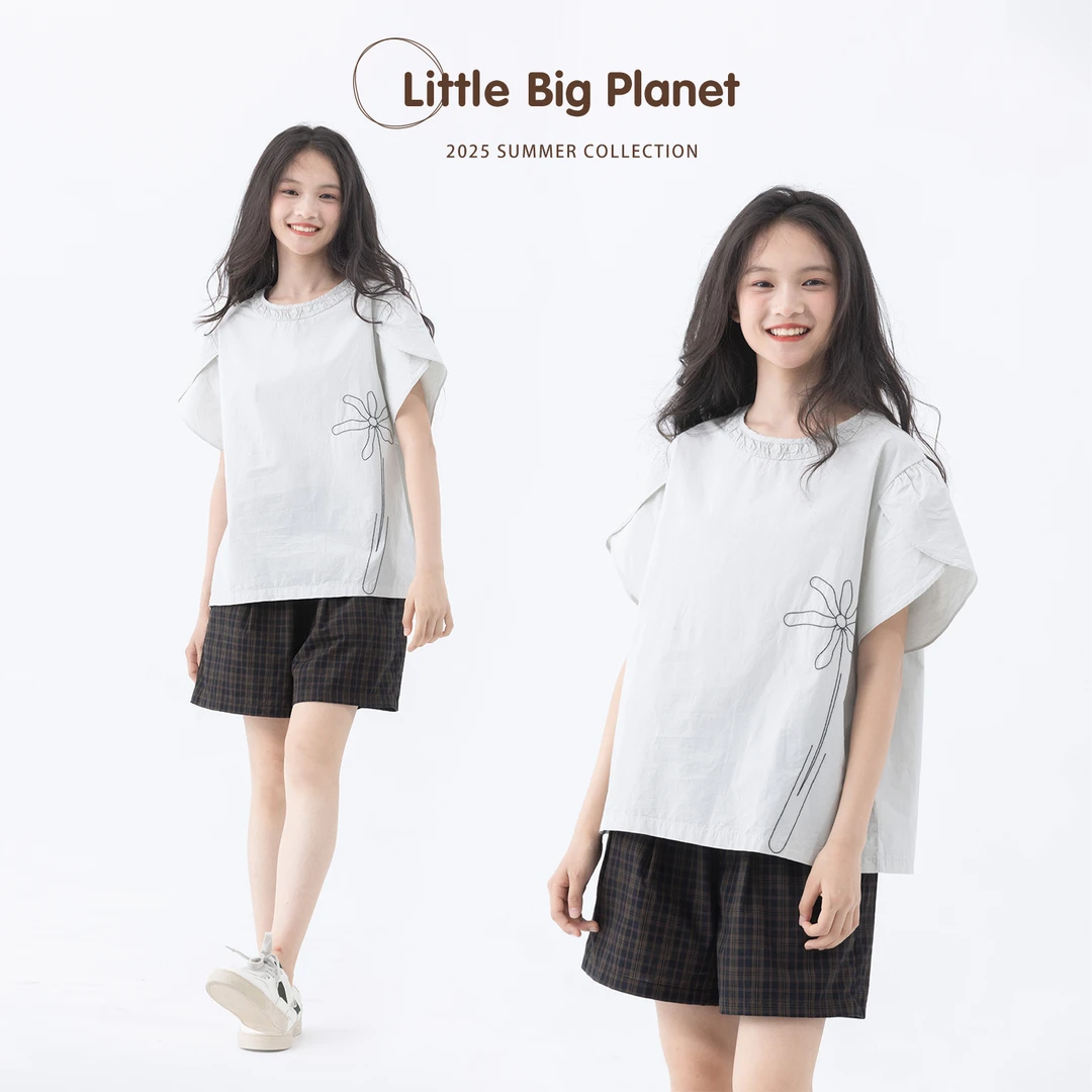 小小大星球童装 夏花灰蓝花朵刺绣短袖 夏天简约女童森系小众上衣