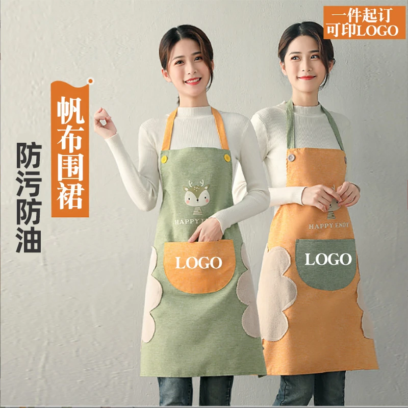 新款纯棉帆布围裙女加厚PVC防水防油家用包邮厨房网红可爱男