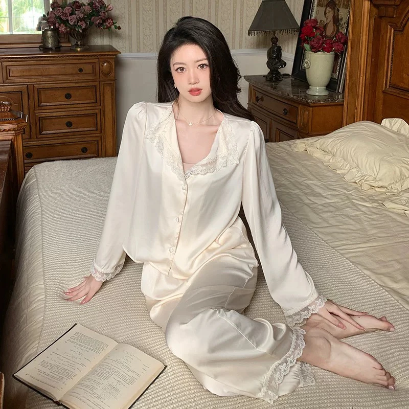 【现发*】秋季睡衣套装女简约气质蕾丝翻领长袖长裤家居服
