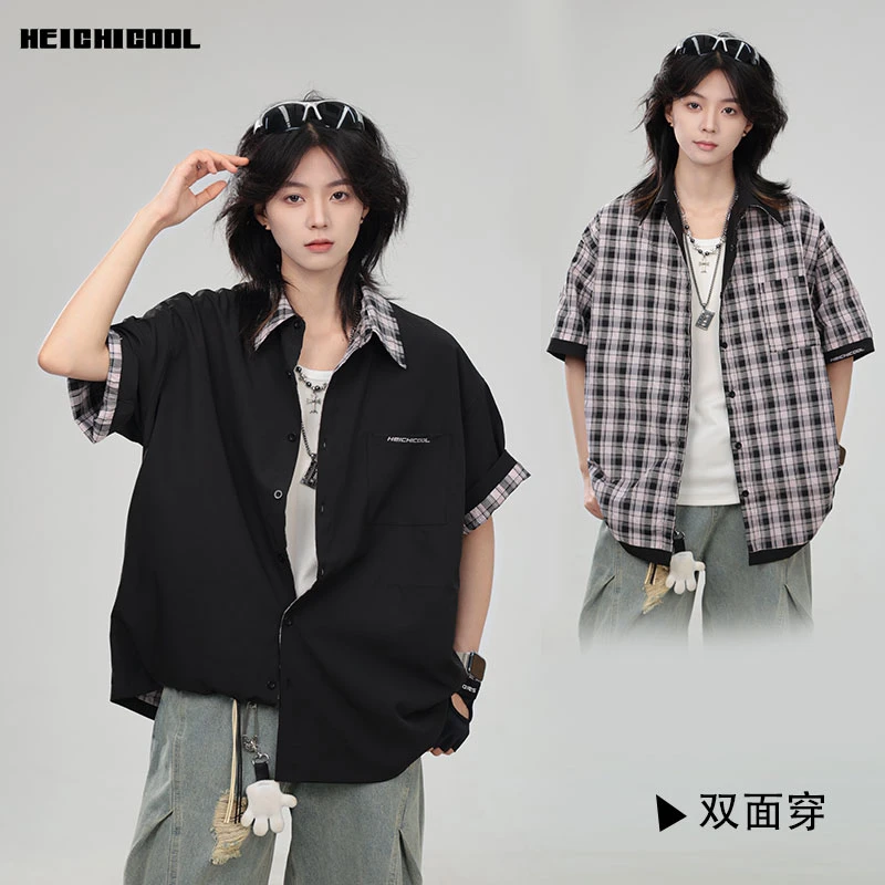heichiage两面穿格子短袖衬衫男女同款美式学院风宽松情侣短袖