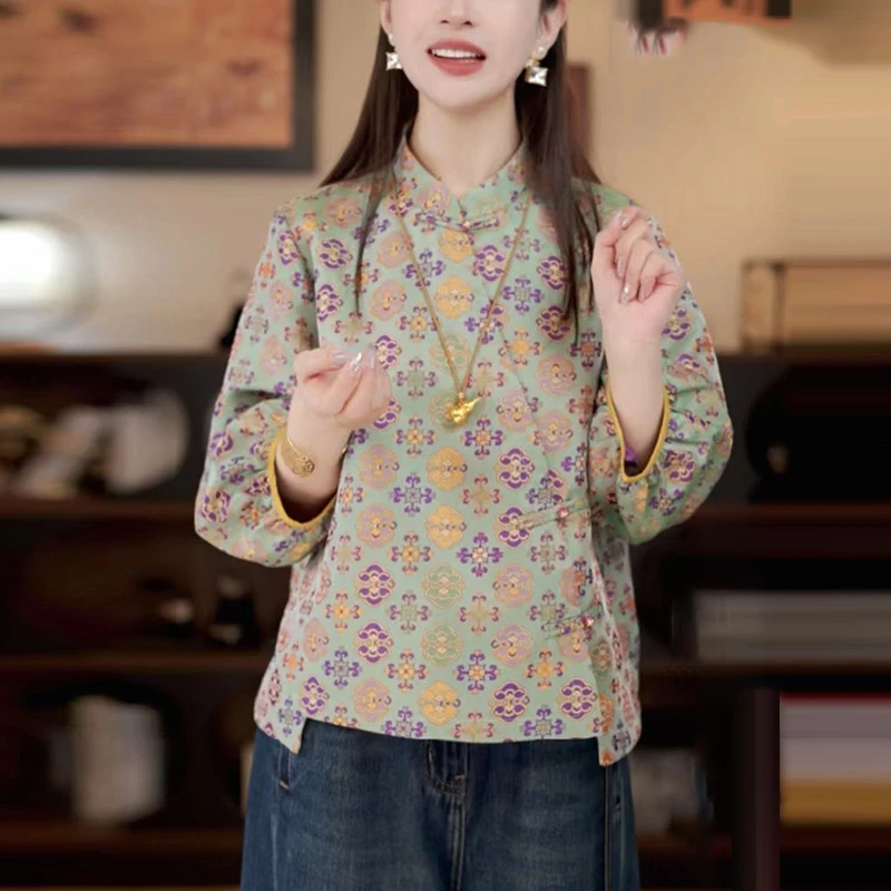 新中式国风人丝提花立领衬衫女2025早秋款轻奢禅意老钱风唐装上衣