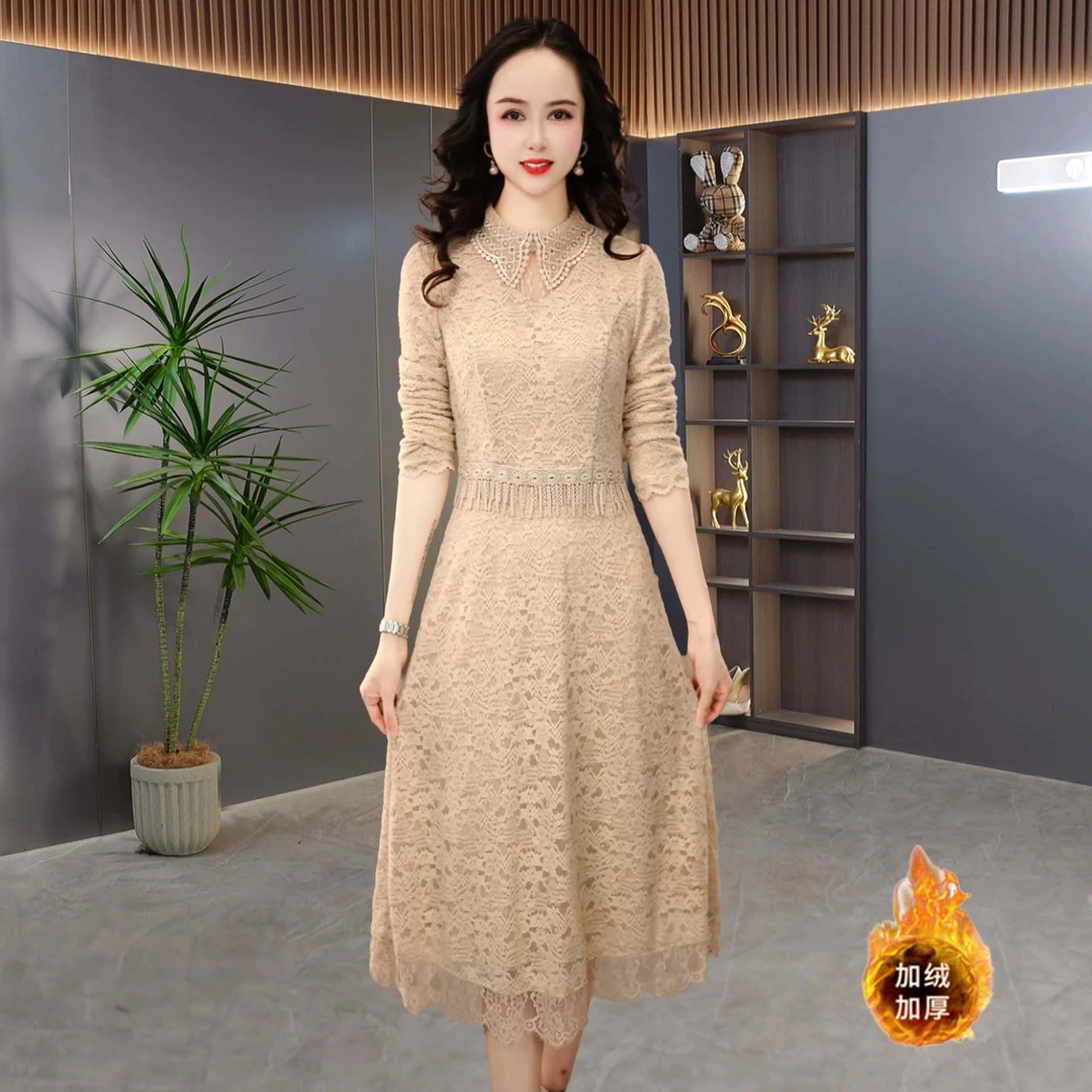 【QM直播专享】2025冬季加绒加厚时尚优雅温柔蕾丝显瘦连衣裙M-4XL