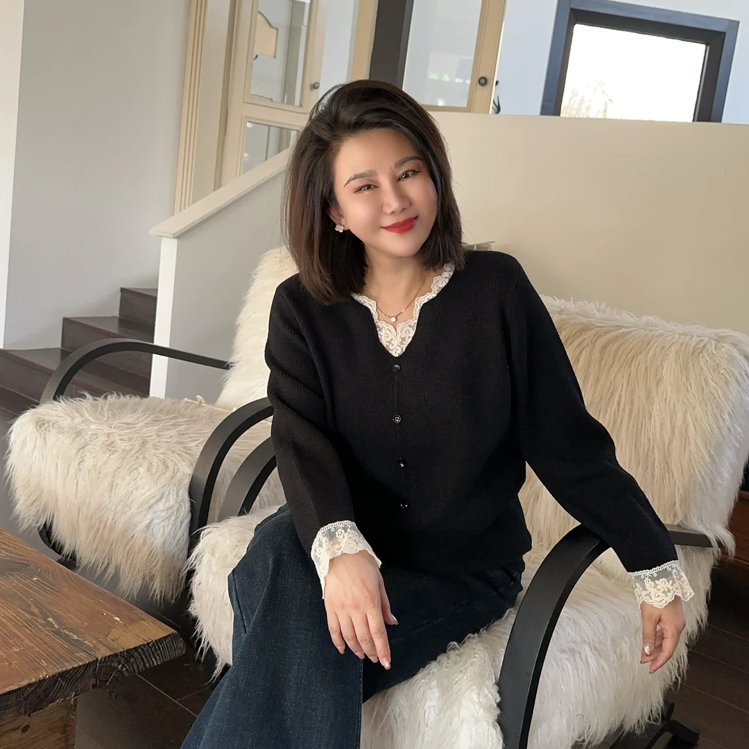 微胖女装【花蕾毛衣】蕾丝拼接套头毛衣加厚保暖百搭上衣冬季670