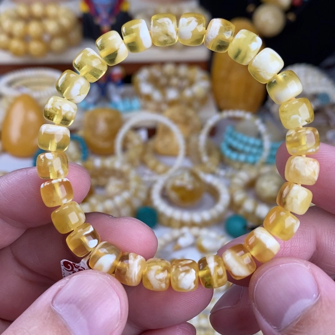 蜜蜡未镶嵌手链金瓷白妖花8mm