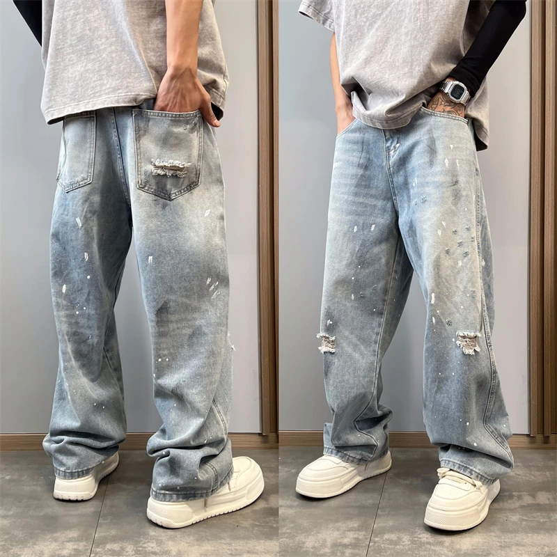 美式高街做旧破洞油漆点垂感宽松直筒阔腿裤休闲水洗设计感牛仔裤