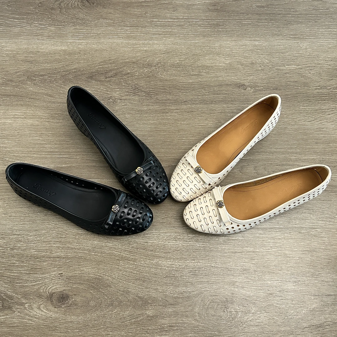 Dannyfrey法式复古蝴蝶结女头层水洗小牛皮编织镂空浅口低跟单鞋