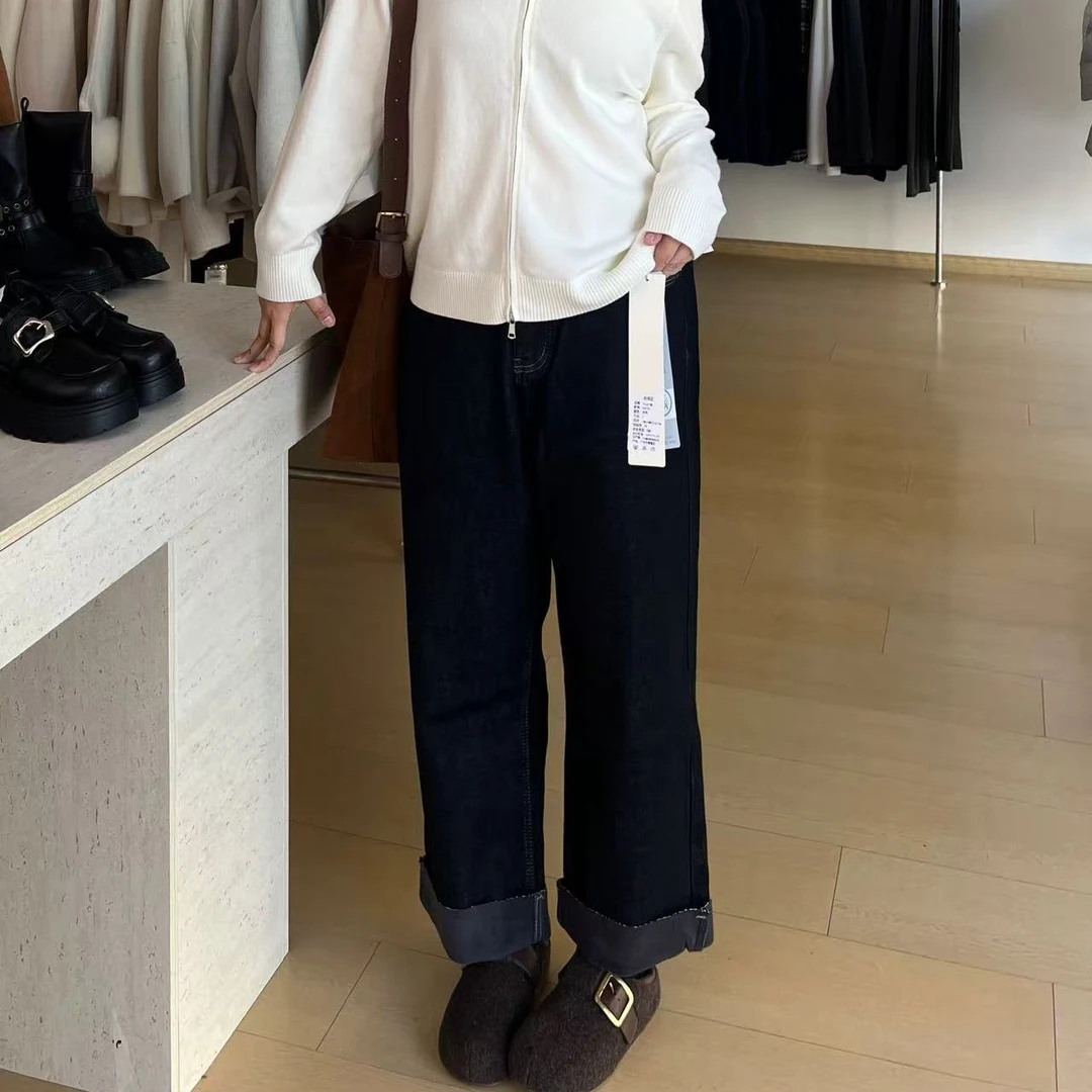 九分直筒牛仔裤 冬季加绒微胖大码女百搭显瘦水洗直筒