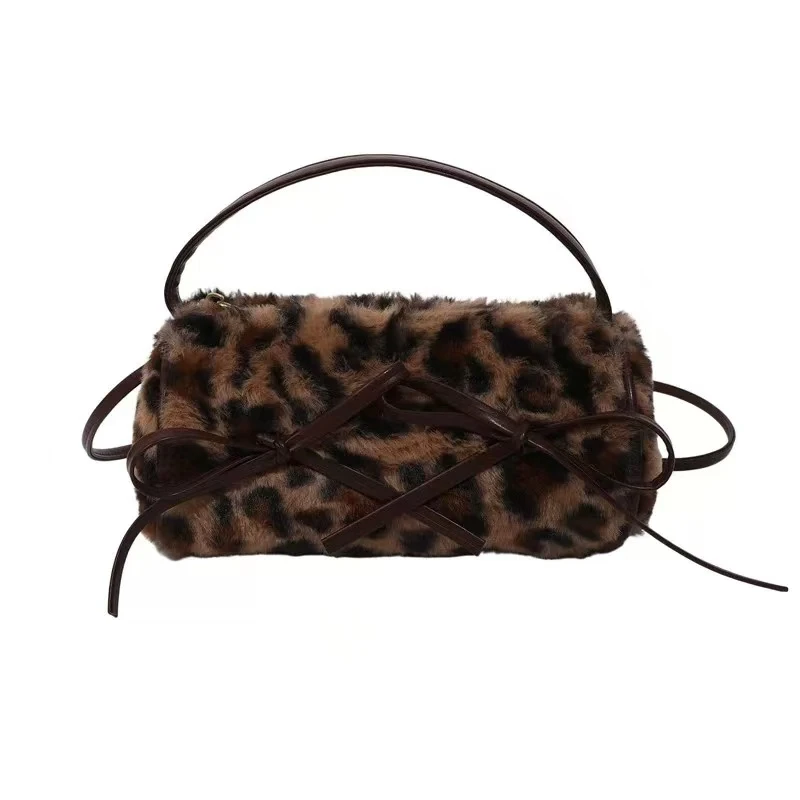 秋冬新款豹纹毛绒手提斜挎托特包可爱风女童包包