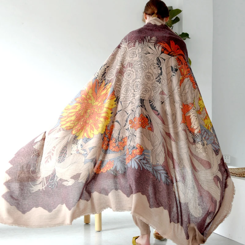 民族风纯羊毛围巾披肩两用女士春秋冬季咖色超大长款印花披风时尚