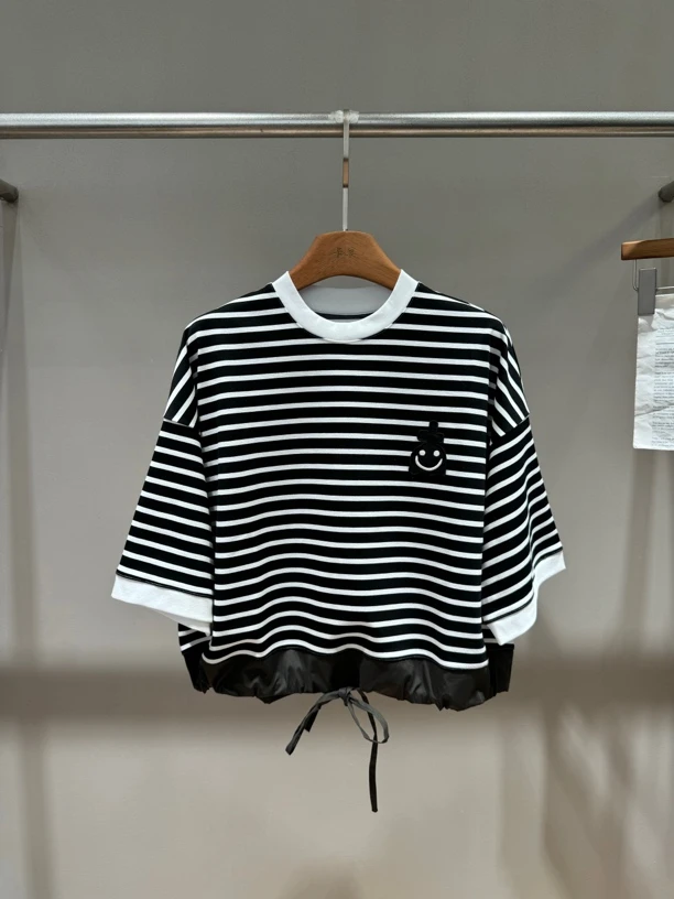 【BAI】夏新款时尚宽松显瘦简约设计感条纹T恤