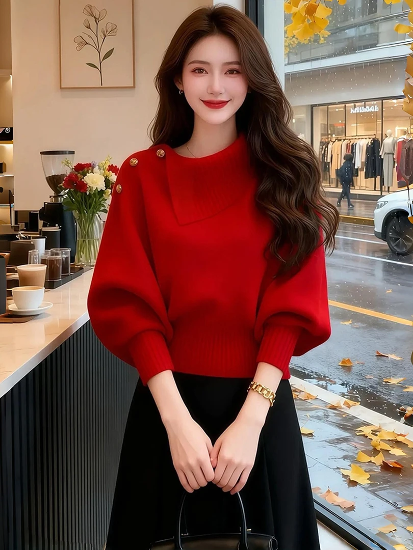 红色宽松软糯收腰针织衫毛衣女2025秋冬季慵懒风松弛感轻熟风上衣