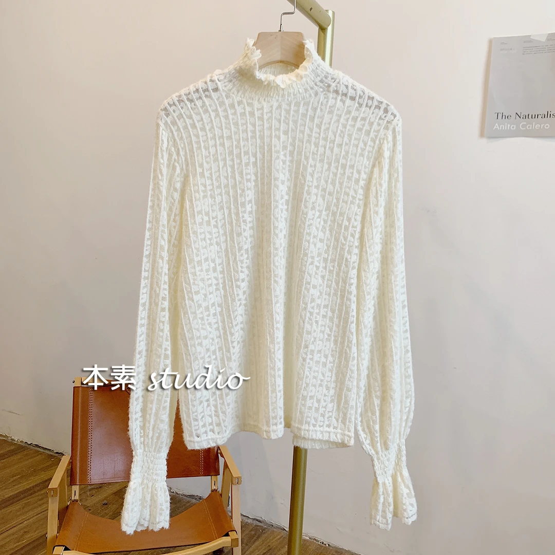 C1732植绒蕾丝松紧木耳边立领长袖T恤