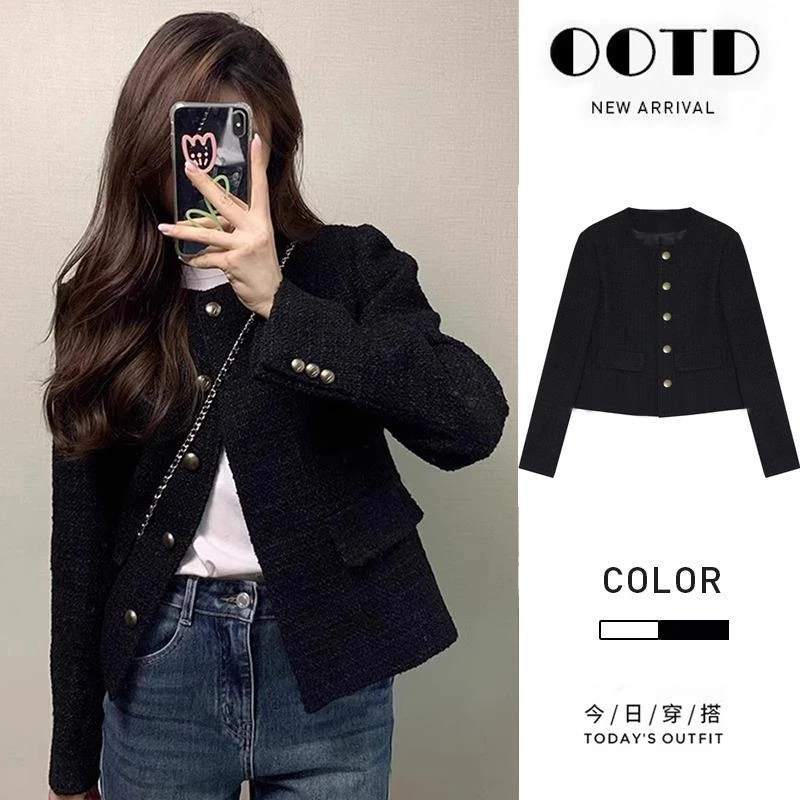 法式黑色小香风外套女小个子2025秋冬新款洋气感短款气质复古上衣