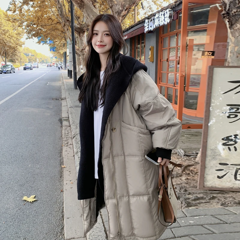 卡其色中长款羽绒服女2024冬季新款设计感假两件加厚白鸭绒面包服