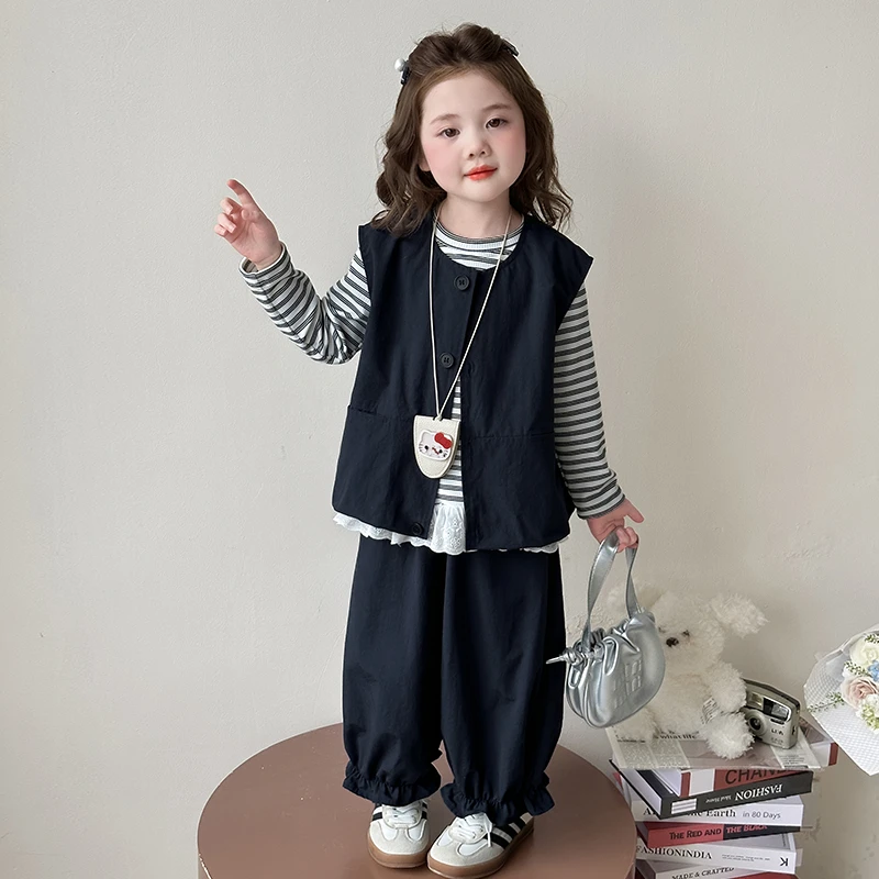 女童秋装套装洋气儿童时髦女宝宝春秋条纹工装马甲三件套女孩休闲