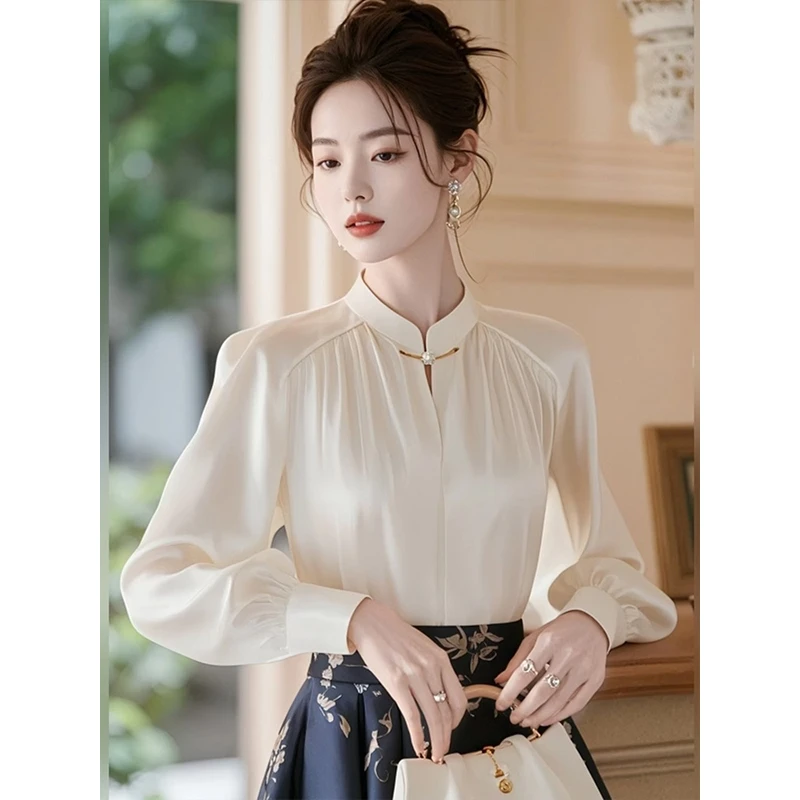 新中式国风白色立领长袖衬衫女2025年春季新款轻奢高级感气质衬衣