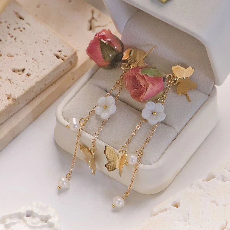 甜美女拼色耳环文艺气质耳坠饰品边夹法式失序混搭风手工百搭少女